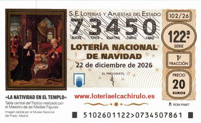 Anverso del d&eacute;cimo 73450 de la Loter&iacute;a de Navidad 2026, de Los Palacios y Villafranca (Sevilla)